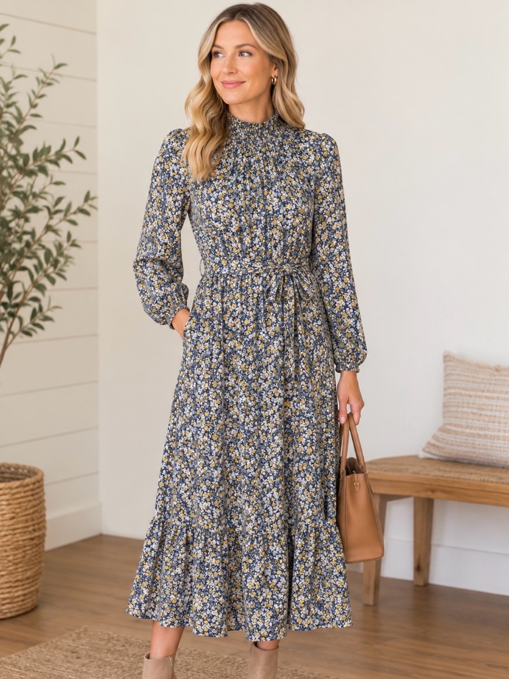 Banana Republic Navy Floral Midi Dress